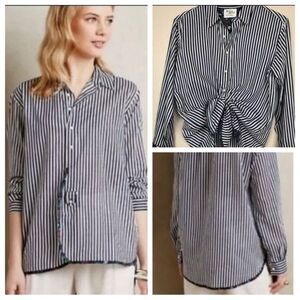 Holding Horses Anthropology Wm’s Large Blue Striped Tie Front Button Down Shirt